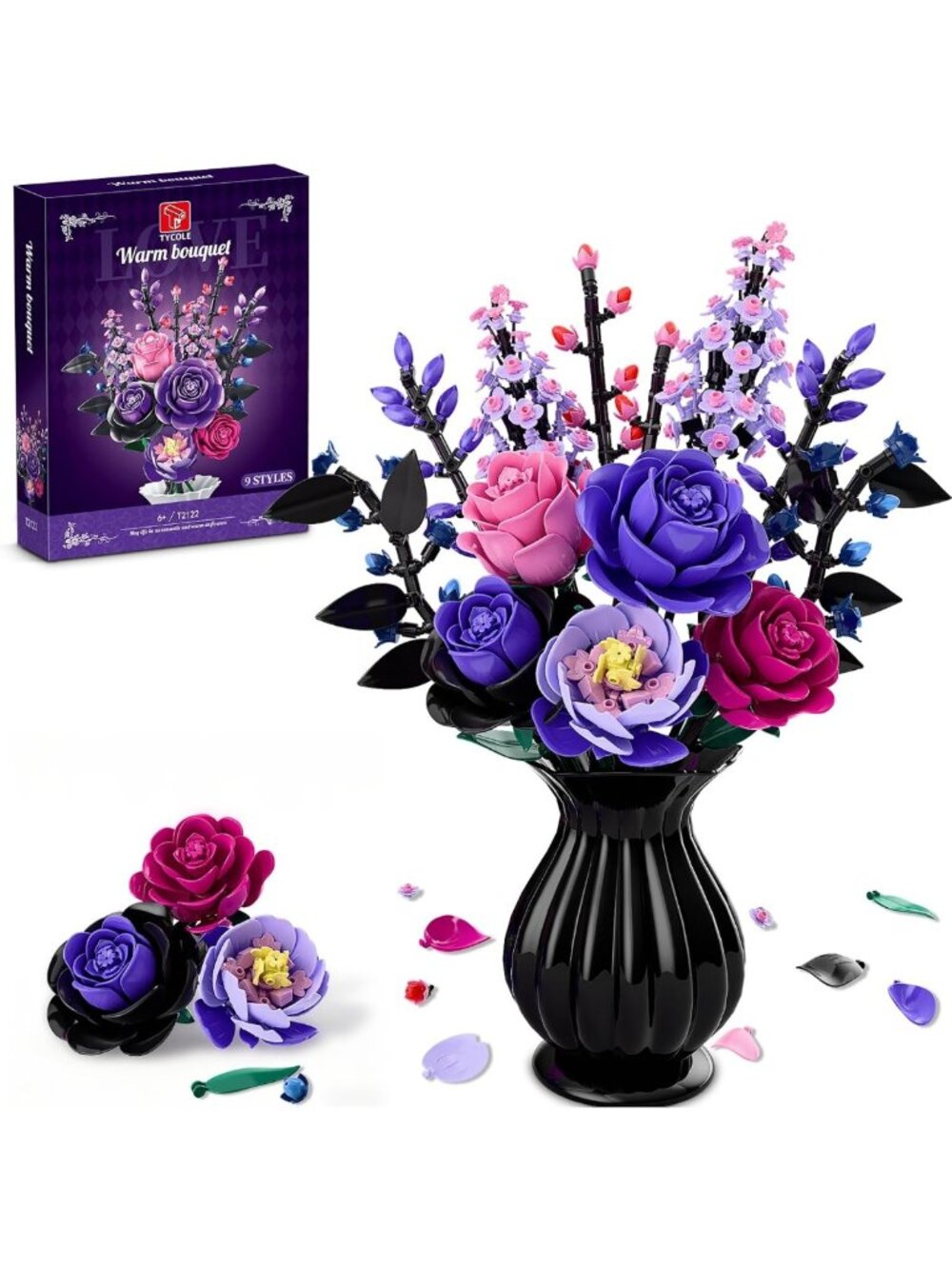 Purple Roses Building Blocks Set - Gothic Floral Decor for Home & Gifts (806PCS)